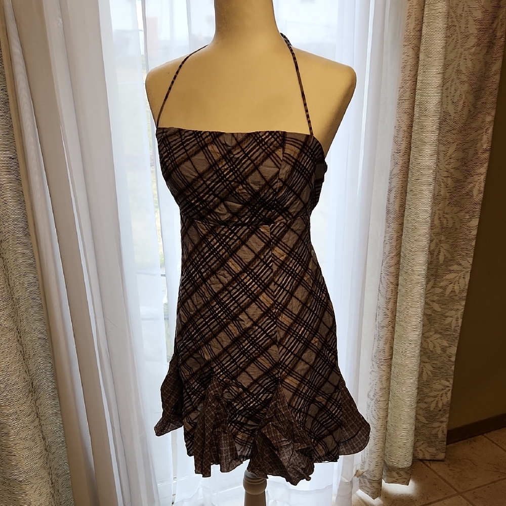 Nwt Wild Fable Plaid Halter Ruffle Hem Sundress - Brown and Black